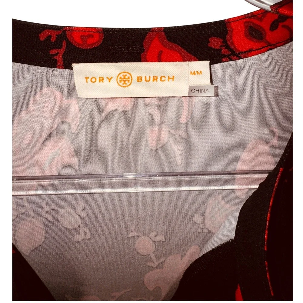 Tory Burch Black Red Floral Midi Dress Medium Classic Luxury Church Office Goth - Picture 7 of 9